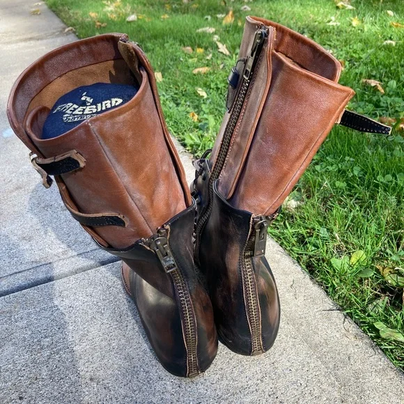 Freebird Ravi Mid-Calf Distressed Brown Leather Two Tone Leather Moto Boots 10 - Picture 10 of 17